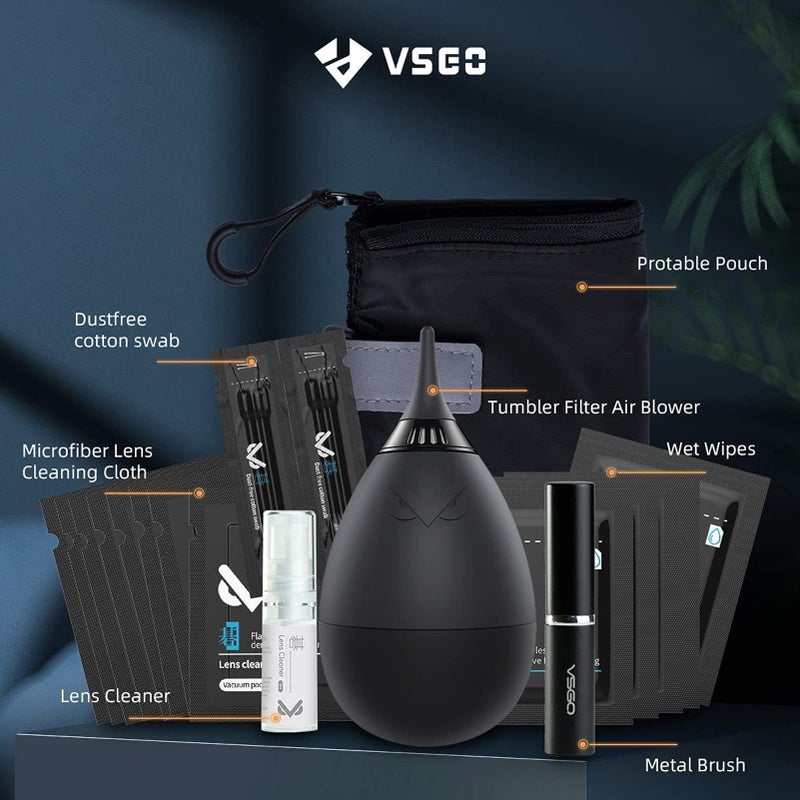 VSGO Professional Lens Cleaning Kit with Air Blower Folding Pouch Microfiber Lens Cloth Wet Wipes Lens Cleaner Metal Brush Cotton Swab Compatible for Optical Camera Lens Phone Laptop Cleaning(VS-A2E) - Image 2